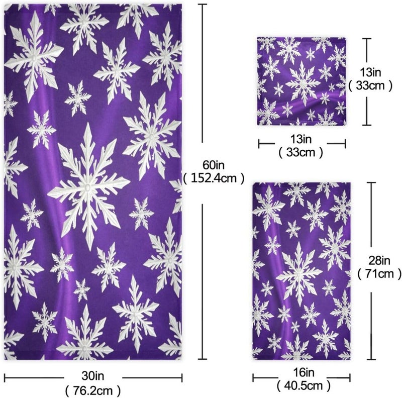 Dussdil Purple Christmas White Snowflakes Bathroom Towel Set of 3 Pcs Snow Hand Fingertip Towels 1 Bath Towel 1 Hand Towel 1 Washcloth for Home Bathroom Beach Swim Soft Highly Absorbent Multipurpose Decor - Image 2
